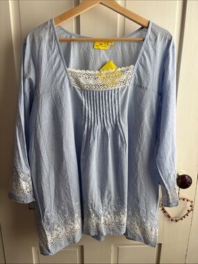 Roberta Roller Rabbit Light Blue Embroidered Cotton Peasant Blouse NWT
